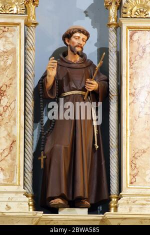 Hl. Franz von Assisi, Statue auf dem Hauptaltar in der Pfarrkirche der Heiligen Dreifaltigkeit in Donja Stubica, Kroatien Stockfoto