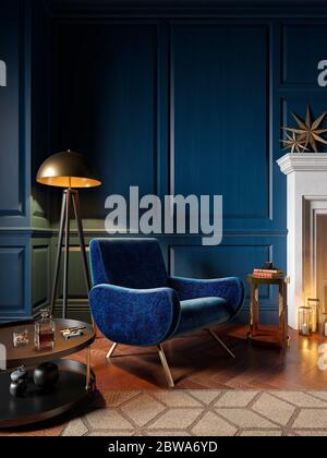 Klassisches königsblaues Interieur mit Sessel, Kamin, Kerze, Stehlampe, Teppich. 3d-Rendering-Illustration – Modell. Stockfoto
