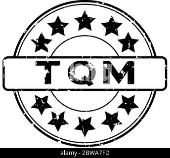 Grunge schwarz TQM (Abkürzung für Total Quality Management) Wort mit Stern-Symbol rund Gummi-Siegel-Stempel auf weißem Hintergrund Stock Vektor