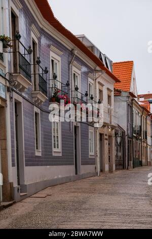 Straße mit traditionellen Häusern mit Fliesen 'Azulejos' Fassade in Aveiro, Portugal Stockfoto