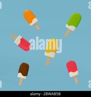 Illustration Set von Eis Früchte Geschmack bunt, 3d-Illustration Sommer Urlaub Konzept. Stockfoto