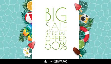 Summer Sale banner Vector Illustration. Sommer Elemente in farbenfrohen Hintergründen. Tropische Rahmen mit Sand, Strand, Wasser, Blätter und Früchte, Eis. Stock Vektor