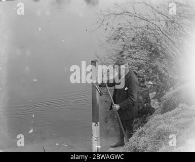 Lachsfischen auf dem Wye in Hampton Bishop. Mr J Arthur Hutton unter der Tiefe und Temperatur des Wassers 30 September 1922 Stockfoto