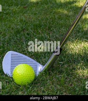 Nahaufnahme eines Golfclubs, der einen Golfball anspricht. Stockfoto