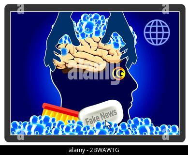 Person wird mit fabrizierten Informationen wie Verschwörungstheorien einer Gehirnwäsche unterzogen. Stockfoto