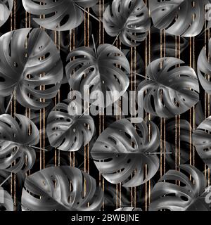 Handfläche Monstera nahtloses Muster. Schwarz-weiß tropischen Hintergrund Stockfoto