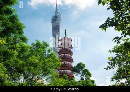 Guangzhou, China. 23. Juni 2016. Der Canton Turm und die Chigang Pagode erheben sich über einen kleinen Park im Haizhu Bezirk von Guangzhou china auf einem sonnigen BL Stockfoto