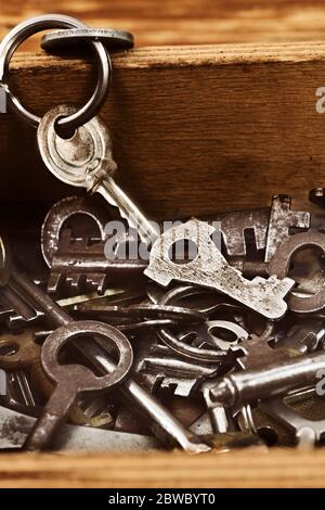 Verschiedene Schlüssel in alten Vintage Retro Stil auf Holz- Oberfläche. Satz  von drei von klein bis groß. Symbol für Sicherheit, Vielfalt und Differenz  Stockfotografie - Alamy