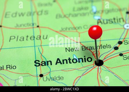 San Antonio auf einer Karte von Texas, USA Stockfoto