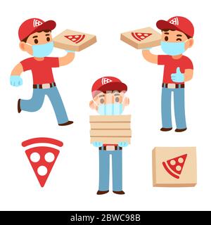 Nette Cartoon Pizza Lieferung junge im Gesicht Maske und Handschuhe. Sperrung der Pandemie und Quarantäne der Bereitstellung von Lebensmitteln. Vektorgrafik. Stock Vektor