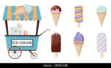 Set mit Eis-Ikonen und Eis-Warenkorb. Kollektion von trendigen flachen Illustrationen. Vergnügungspark. Stockfoto
