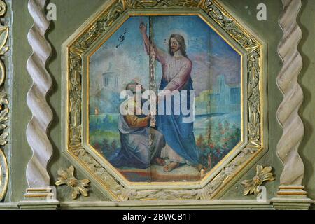 Jesus gibt Petrus die Schlüssel zum Königreich, die Kanzel in der Pfarrkirche des heiligen Johannes des Täufers in Sveti Ivan Zelina, Kroatien Stockfoto