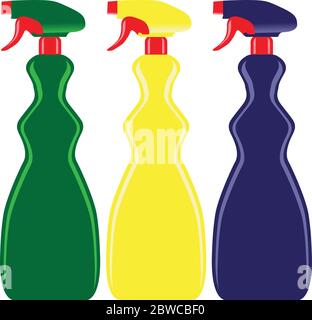 Leere indesinfizieren häusliche Sprayplastikflaschen auf weißem Hintergrund isoliert Stock Vektor