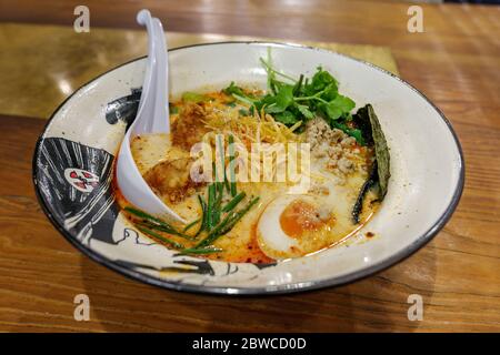 Mala Paitan Ramen, würziger Miso Ramen mit spezieller Hühnerbrühe-Suppe, gebratenes und zerkleinerntes Huhn, gekochtes Ei, Algen und Cilantro auf Holztisch. Stockfoto