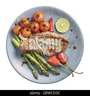 Rindersteak mit Spargel isoliert Stockfoto