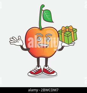 Eine Illustration von Royal Ann Cherry Cartoon Maskottchen Charakter mit einer Schachtel Geschenk Stock Vektor