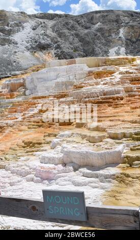 MAMMOTH, WYOMING - 7. JUNI 2017: Mound Spring in der Lower Terraces Area von Mammoth Hot Springs im Yellowstone National Park Stockfoto