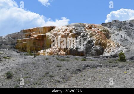 Spätsomming im Yellowstone Nationalpark: Cleopatra Terrasse im unteren Terrassenbereich von Mammoth Hot Springs Stockfoto