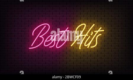 Neon Best Hits, Schriftzug. Neon Text von Best Hits auf schwarzem Backstein Hintergrund. Nacht rosa und gelb lebendige Lichter. Wort, Inschrift und Titel mit Glow Stock Vektor