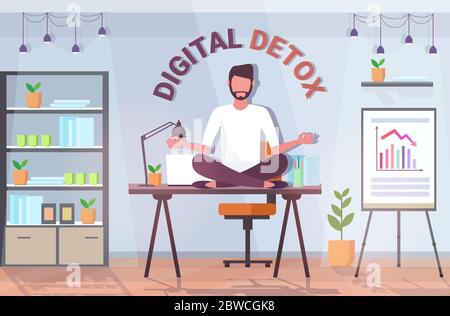 Geschäftsmann sitzende Lotus Pose auf Arbeitstisch digitale Entgiftung Konzept Business Mann Verlassen Internet und soziale Netzwerke Büro-Innenraum horizontale volle Länge Vektor Illustration Stock Vektor