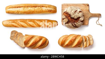 Brot und Backwaren auf White isoliert. Set Brot: Baguette, rustikales Brot. Stockfoto