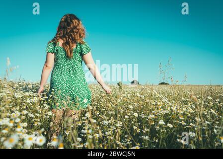 Frau auf dem Rücken mit offenen Armen in einem Feld von Gänseblümchen Stockfoto