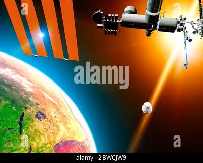 Dragon Raumschiff nähert sich der ISS zum Andocken. Weltraumforschung. Orbit und Erdansicht mit niedriger Erdoberfläche. Element dieses Bildes sind von der NASA eingerichtet Stockfoto