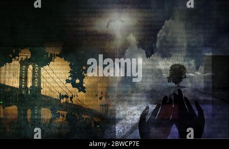 Städtischer Grunge. Manhattan Brücke und ländliche Landschaft Stockfoto