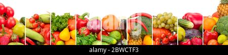 Sammlung von frischem Obst und Gemüse auf weißem Hintergrund. Panoramablick auf die Collage. Breite Foto mit freier Platz für Text. Stockfoto