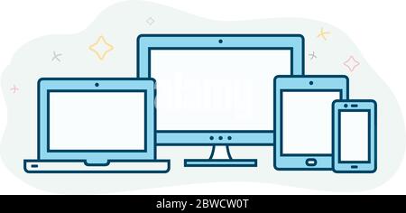 Responsive Design für Web - Computer-Bildschirm, Laptop, Smartphone, Tablet-Symbole Stock Vektor