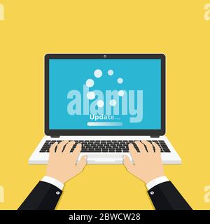 Mann mit Laptop mit Update Ladevorgang auf dem Bildschirm Stock Vektor