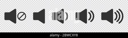 Ein Symbol, das den Ton erhöht und reduziert. Symbol für die Stummschaltung. Eine Reihe von Sound-Icons mit unterschiedlichen Signalpegeln in flacher Ausführung. Vektor. Auf transparentem Hintergrund. Eps 10 Stock Vektor