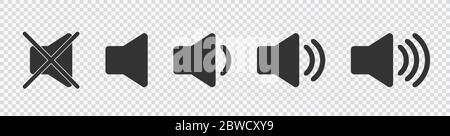Ein Symbol, das den Ton erhöht und reduziert. Symbol für die Stummschaltung. Eine Reihe von Sound-Icons mit unterschiedlichen Signalpegeln in flacher Ausführung. Vektor. Auf transparentem Hintergrund. Eps 10 Stock Vektor