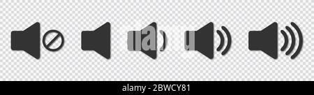 Ein Symbol, das den Ton erhöht und reduziert. Symbol für die Stummschaltung. Eine Reihe von Sound-Icons mit unterschiedlichen Signalpegeln in flacher Ausführung. Vektor. Auf transparentem Hintergrund. Eps 10 Stock Vektor