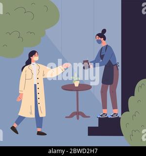 Die Frau im Trenchcoat bestellte Kaffee zum gehen Stock Vektor