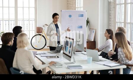 Junge indische Sprecherin erklärt den Kollegen die Marketingstrategie. Stockfoto