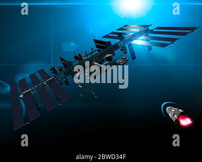 Dragon Raumschiff nähert sich der ISS zum Andocken. Weltraumforschung. Orbit und Erdansicht mit niedriger Erdoberfläche. Element dieses Bildes sind von der NASA eingerichtet Stockfoto