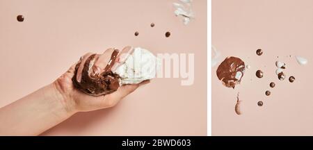Cropped Ansicht der Frau mit geschmolzenem braunen und weißen Eis auf rosa Hintergrund, Collage Stockfoto