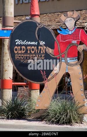 Willkommen im Old Town Sign, Scottsdale, Phoenix, Arizona, USA Stockfoto