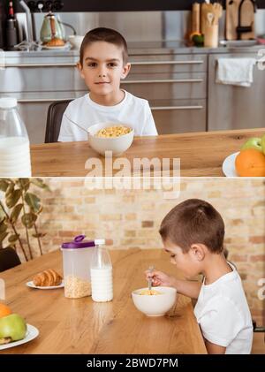 Collage aus Jungen beim Frühstück in der Küche Stockfoto