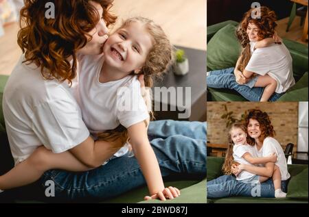 Collage aus lockigen Mutter küssen Wange und umarmen glückliche Tochter Stockfoto