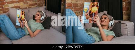 Collage von jungen Frau lesen Zeitschrift während auf dem Sofa in kabellosen Kopfhörern entspannen, horizontales Bild Stockfoto
