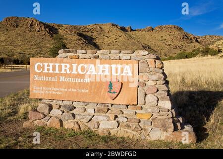 Eintrittsschild in Chiricahua National Monument, Willcox, Cochise County, Arizona, USA Stockfoto