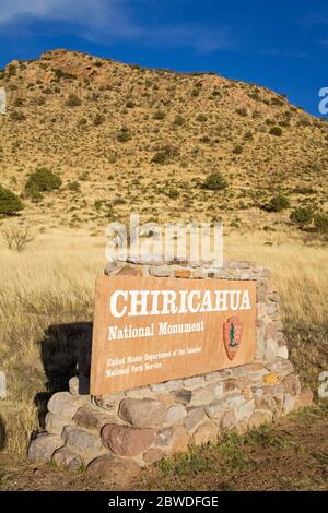 Eintrittsschild in Chiricahua National Monument, Willcox, Cochise County, Arizona, USA Stockfoto