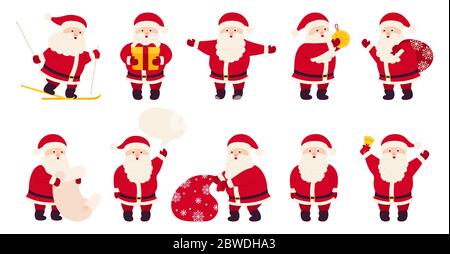Weihnachtsmann niedlichen Weihnachten Wohnung Cartoon-Set. Sammlung lustige glückliche Charakter mit Geschenk, Tasche oder Skifahren, Spielzeug, Sprechblase oder Liste. Verschiedene Emotionen santa und Neujahr Objekte. Vektorgrafik Stock Vektor