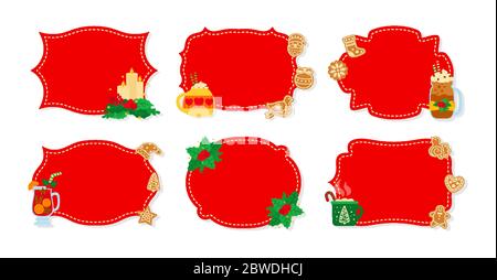 Weihnachten Label und Tag rot flach Set. Neujahr Tags dekoriert Objekte, Stechpalme Mistel, Süßigkeiten Kekse Spielzeug, Kerze. Cartoon Urlaub Kollektion weihnachten Patch Etiketten Sammlung. Vektorgrafik Stock Vektor