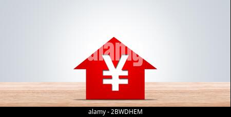 Roter Pfeil, der RMB-Symbol auf Holzbrett schreibt, finanzielle Konzeptdarstellung. Stockfoto
