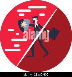 Ein maskierter Geschäftsmann oder Arbeiter, der EINEN Schild verwendet, läuft aufgrund der Corona Virus Covid 19 Pandemie von Normal in Neuen Normal Zustand Stock Vektor
