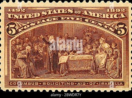 USA Post kolumbianische Ausgabe 1893 5 Cent - 2. Januar 1893 - Columbus bittet Isabella um Hilfe Stockfoto