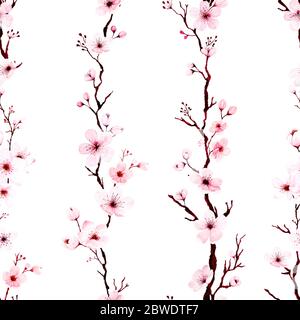 Nahtloses Muster mit Aquarell Kirschblütenästen handbemalt. Frühling oder Sommer Dekoration Sakura Design, kann für Textil, Web, Backgr verwendet werden Stockfoto